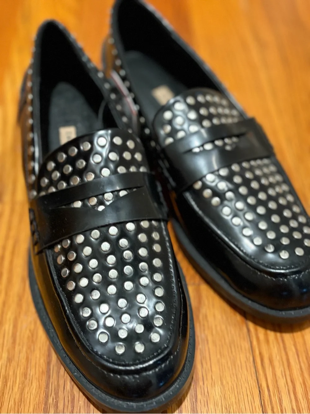 Black Studded Penny Loafers for women Sleek Slip-On Dress Shoes